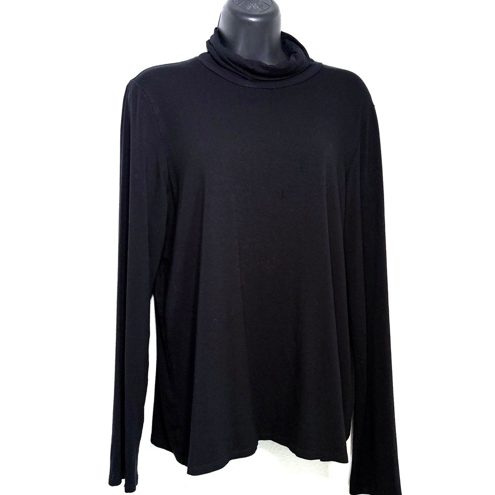 Eileen Fisher L Black Long Sleeve Turtleneck Top Quiet Luxury Sleek Chic Stretch